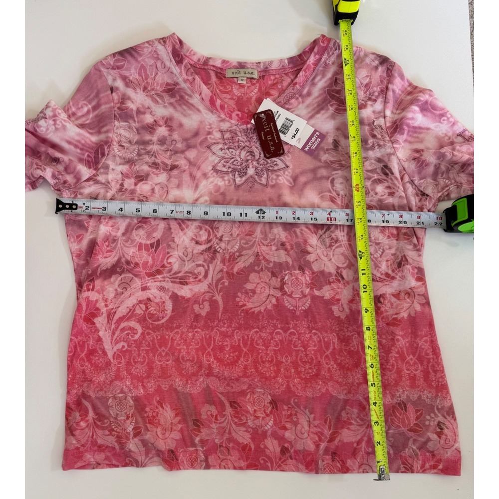 Xcit USA Women's 1X Pink Tie Dye Floral Rhinestone 3/4 Sleeve Top 6000-2326NH - Picture 5 of 5